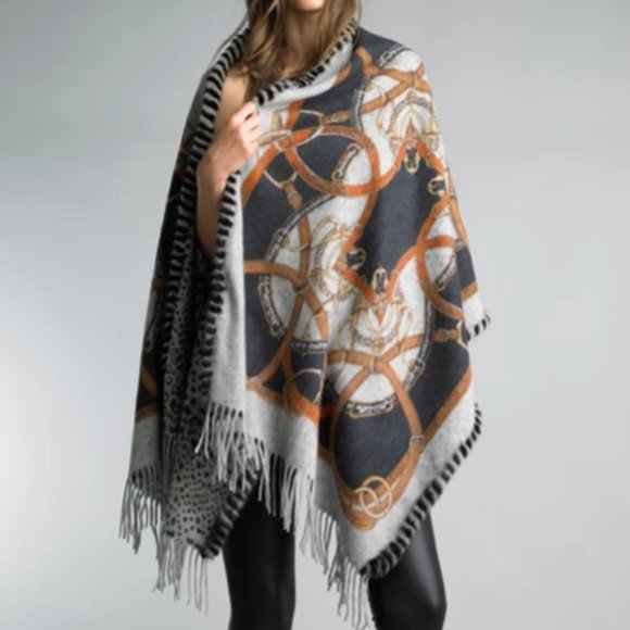Reversible Equestrian Cashmere Blend Wrap with Fur